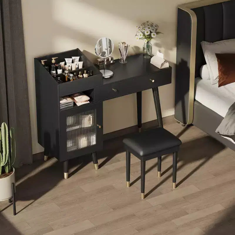 Table de coiffeuse moderne avec tabouret, tiroirs, armoire et ports de chargement, noir/noyer - ModernLuxe