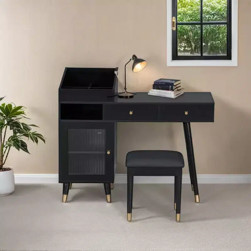 Table de coiffeuse moderne avec tabouret, tiroirs, armoire et ports de chargement, noir/noyer - ModernLuxe
