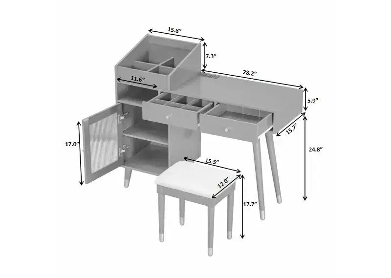 Table de coiffeuse moderne avec tabouret, tiroirs, armoire et ports de chargement, noir/noyer - ModernLuxe