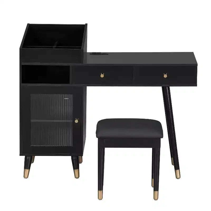 Table de coiffeuse moderne avec tabouret, tiroirs, armoire et ports de chargement, noir/noyer - ModernLuxe