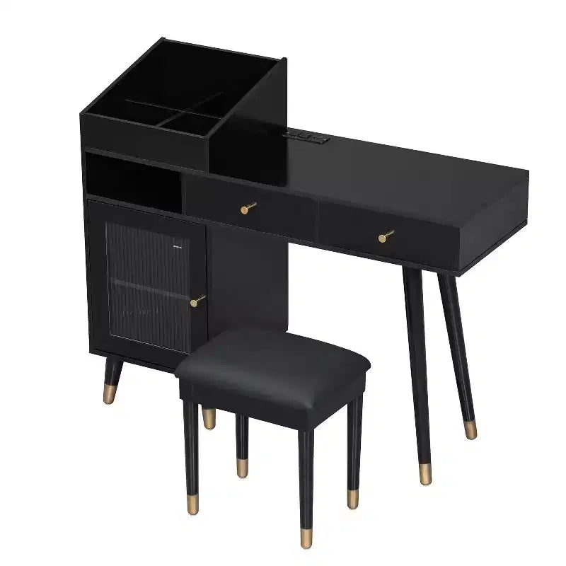 Table de coiffeuse moderne avec tabouret, tiroirs, armoire et ports de chargement, noir/noyer - ModernLuxe