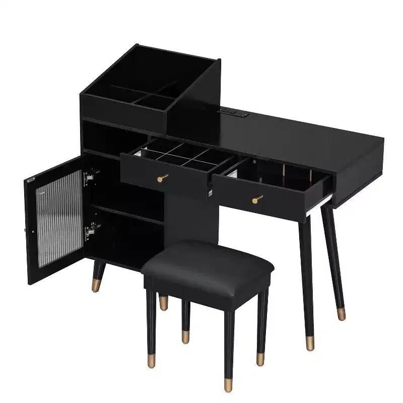 Table de coiffeuse moderne avec tabouret, tiroirs, armoire et ports de chargement, noir/noyer - ModernLuxe