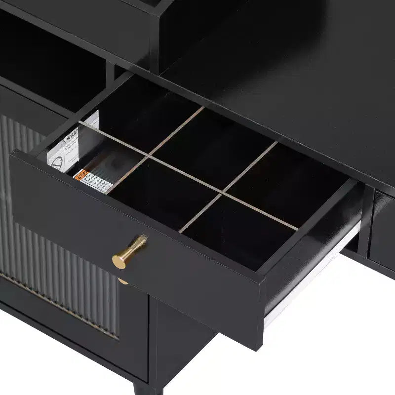 Table de coiffeuse moderne avec tabouret, tiroirs, armoire et ports de chargement, noir/noyer - ModernLuxe