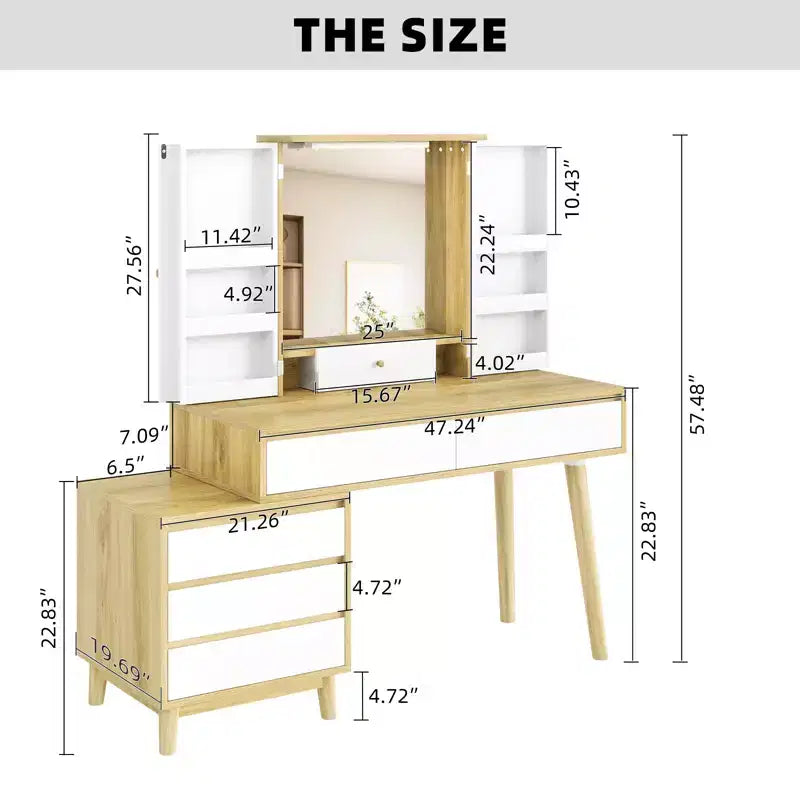Coiffeuse avec miroir lumineux LED 3 modes, 6 tiroirs et étagères de rangement ouvertes, coiffeuse avec espace de rangement caché, pour chambres à coucher