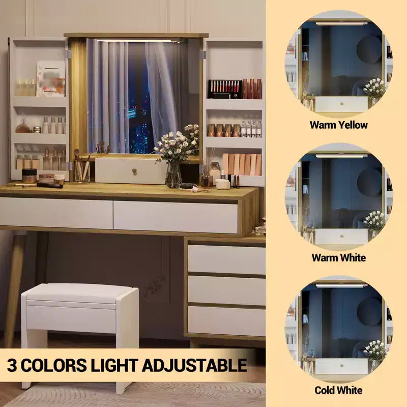 Coiffeuse avec miroir lumineux LED 3 modes, 6 tiroirs et étagères de rangement ouvertes, coiffeuse avec espace de rangement caché, pour chambres à coucher