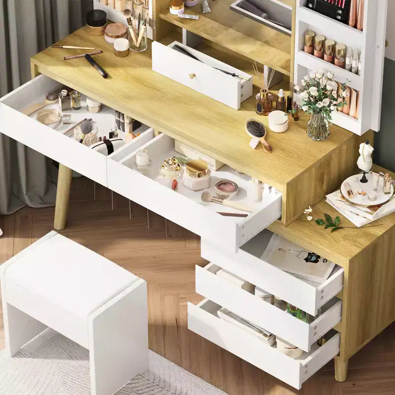 Coiffeuse avec miroir lumineux LED 3 modes, 6 tiroirs et étagères de rangement ouvertes, coiffeuse avec espace de rangement caché, pour chambres à coucher