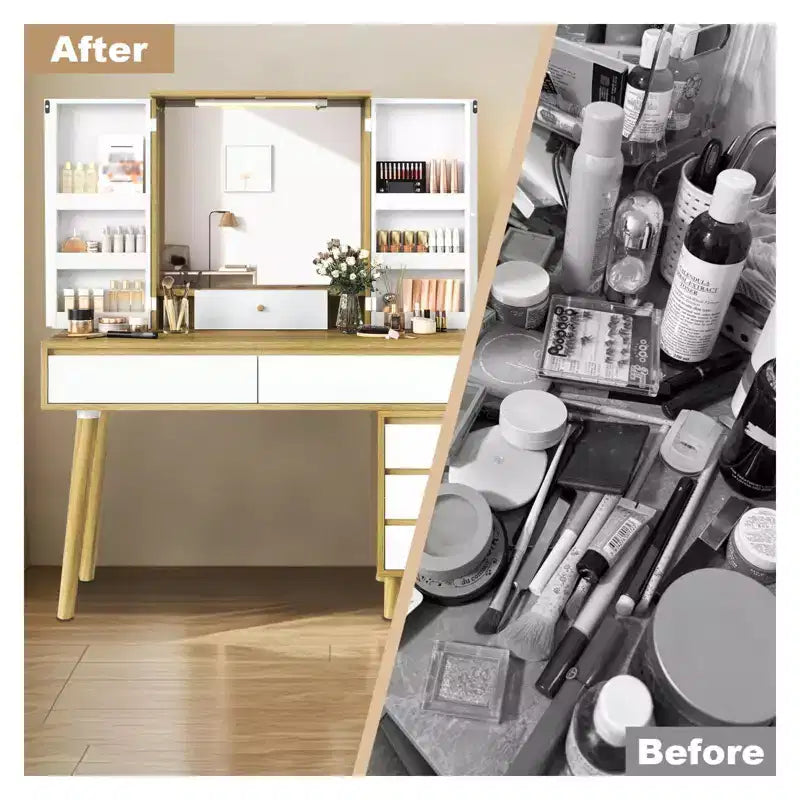 Coiffeuse avec miroir lumineux LED 3 modes, 6 tiroirs et étagères de rangement ouvertes, coiffeuse avec espace de rangement caché, pour chambres à coucher