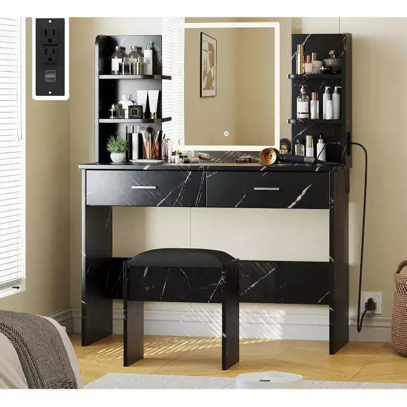 Coiffeuse, coiffeuse avec miroir lumineux, table de maquillage à 3 modes de couleur avec tabouret rembourré