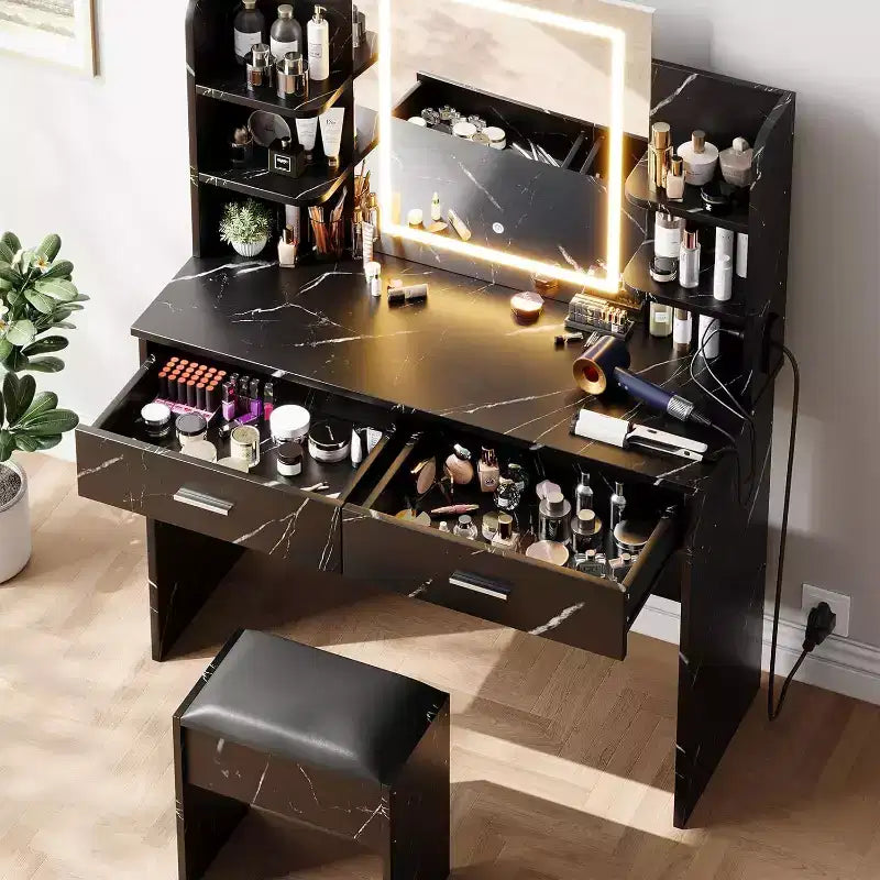 Coiffeuse, coiffeuse avec miroir lumineux, table de maquillage à 3 modes de couleur avec tabouret rembourré
