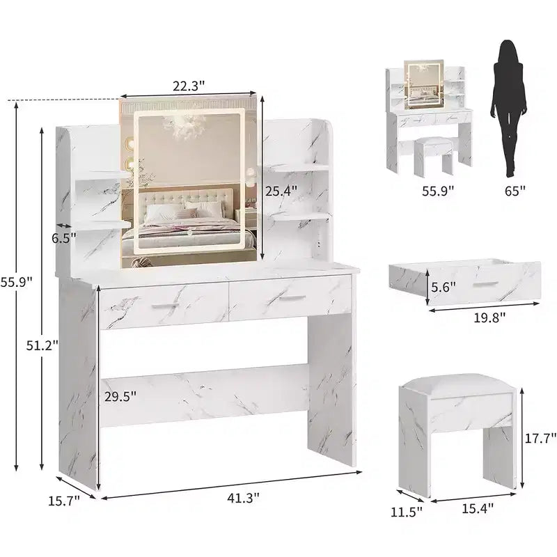 Coiffeuse, coiffeuse avec miroir lumineux, table de maquillage à 3 modes de couleur avec tabouret rembourré