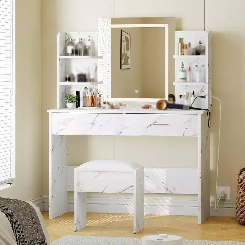 Coiffeuse, coiffeuse avec miroir lumineux, table de maquillage à 3 modes de couleur avec tabouret rembourré