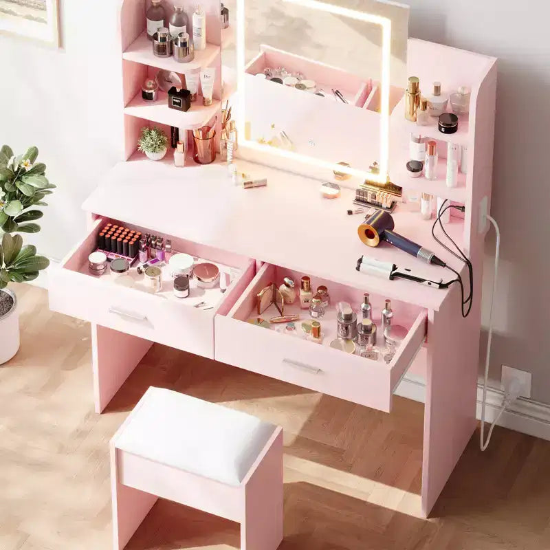 Coiffeuse, coiffeuse avec miroir lumineux, table de maquillage à 3 modes de couleur avec tabouret rembourré