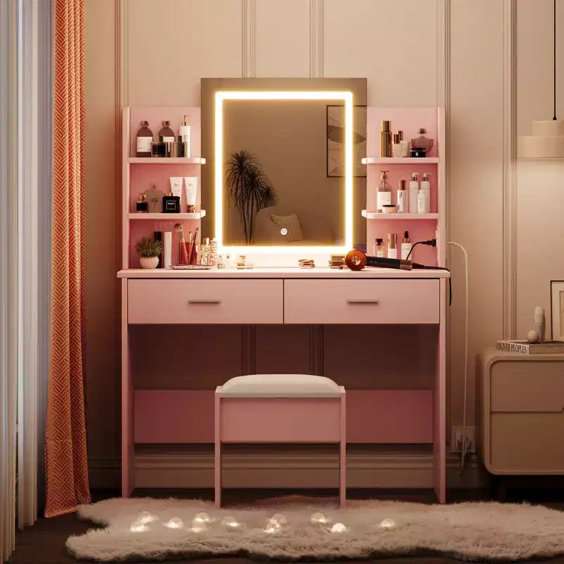 Coiffeuse, coiffeuse avec miroir lumineux, table de maquillage à 3 modes de couleur avec tabouret rembourré