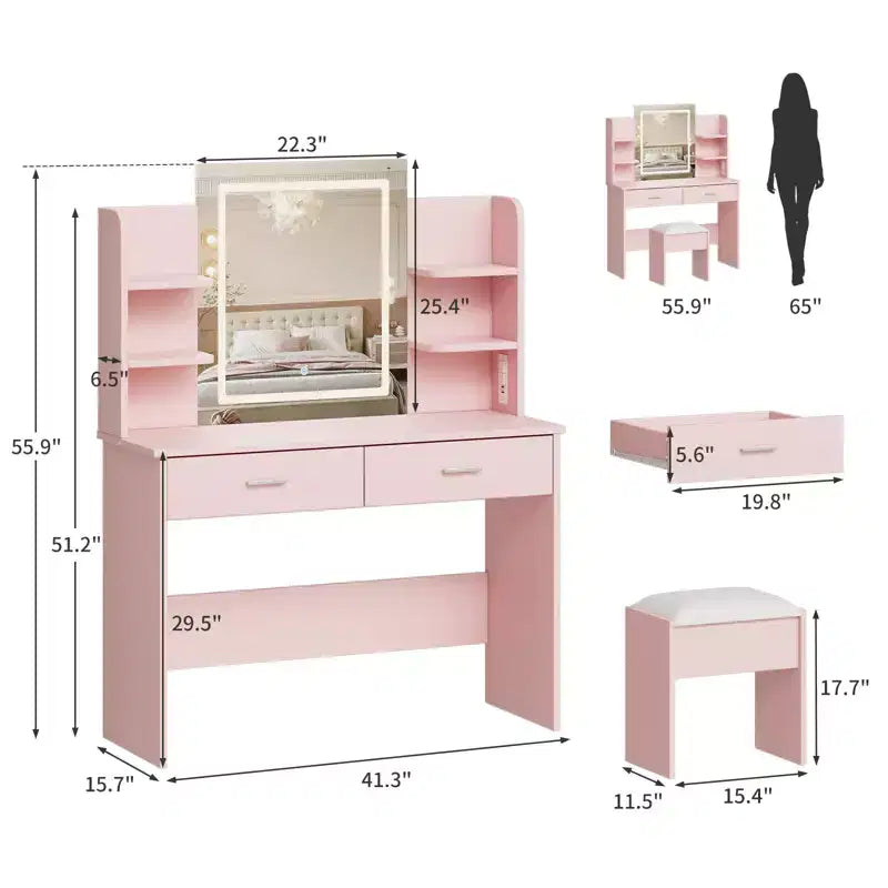 Coiffeuse, coiffeuse avec miroir lumineux, table de maquillage à 3 modes de couleur avec tabouret rembourré