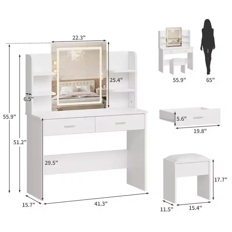 Coiffeuse, coiffeuse avec miroir lumineux, table de maquillage à 3 modes de couleur avec tabouret rembourré
