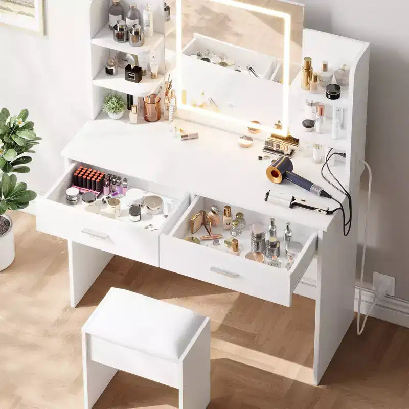 Coiffeuse, coiffeuse avec miroir lumineux, table de maquillage à 3 modes de couleur avec tabouret rembourré