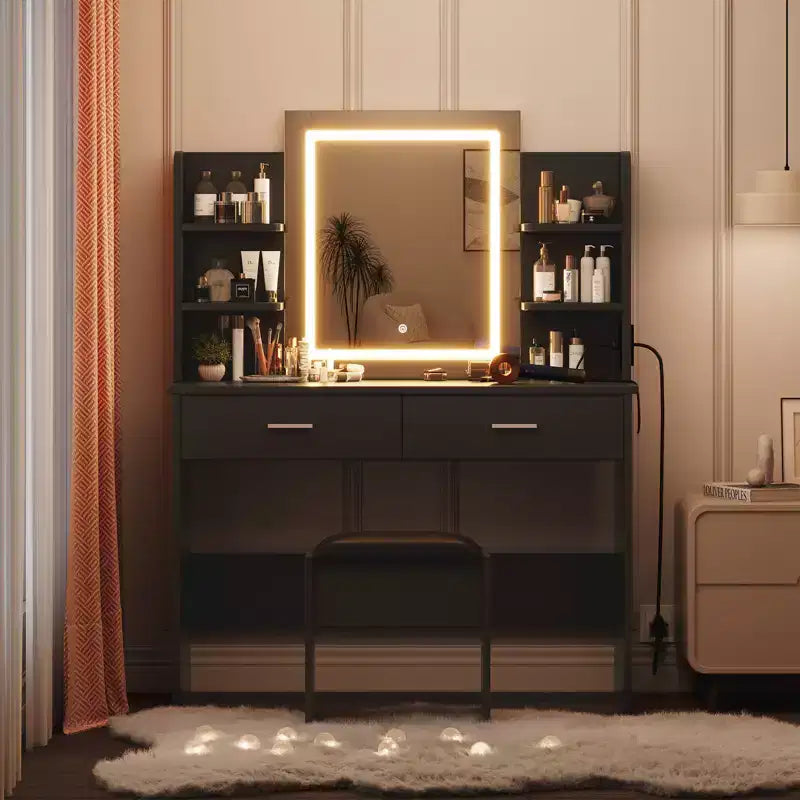 Coiffeuse, coiffeuse avec miroir lumineux, table de maquillage à 3 modes de couleur avec tabouret rembourré