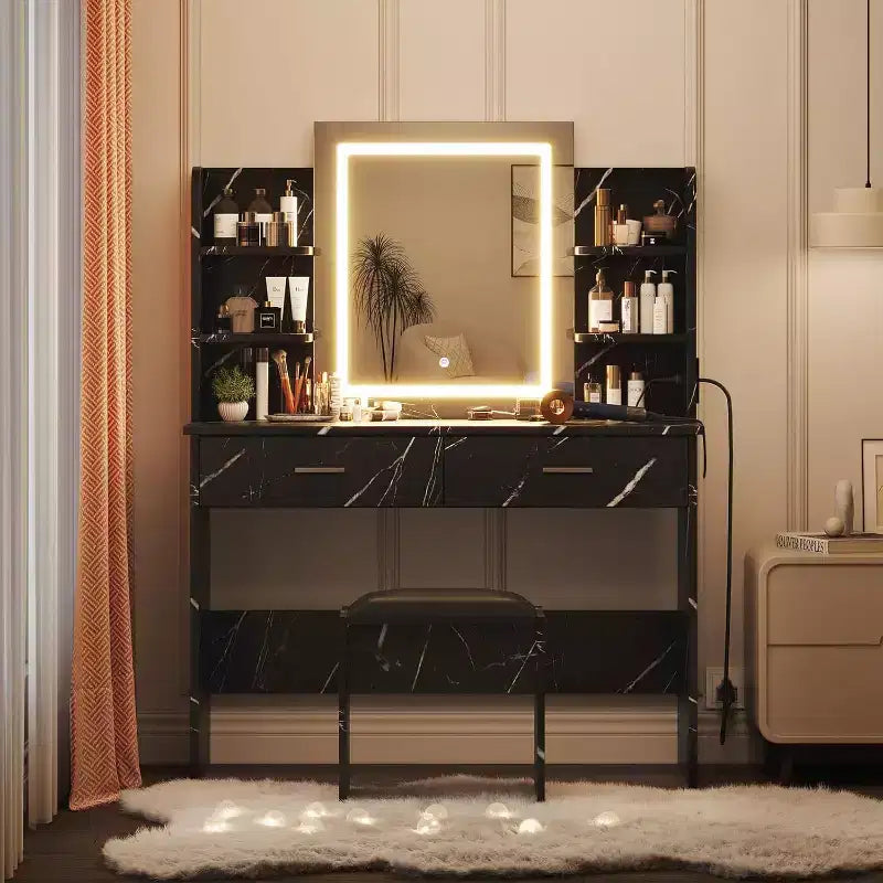 Coiffeuse, coiffeuse avec miroir lumineux, table de maquillage à 3 modes de couleur avec tabouret rembourré