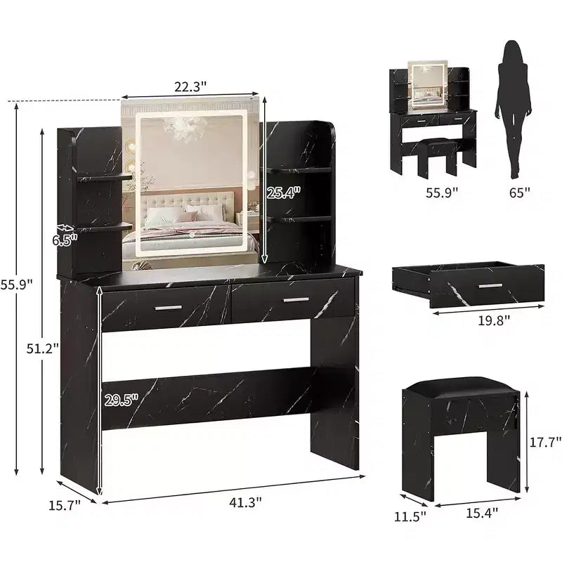 Coiffeuse, coiffeuse avec miroir lumineux, table de maquillage à 3 modes de couleur avec tabouret rembourré