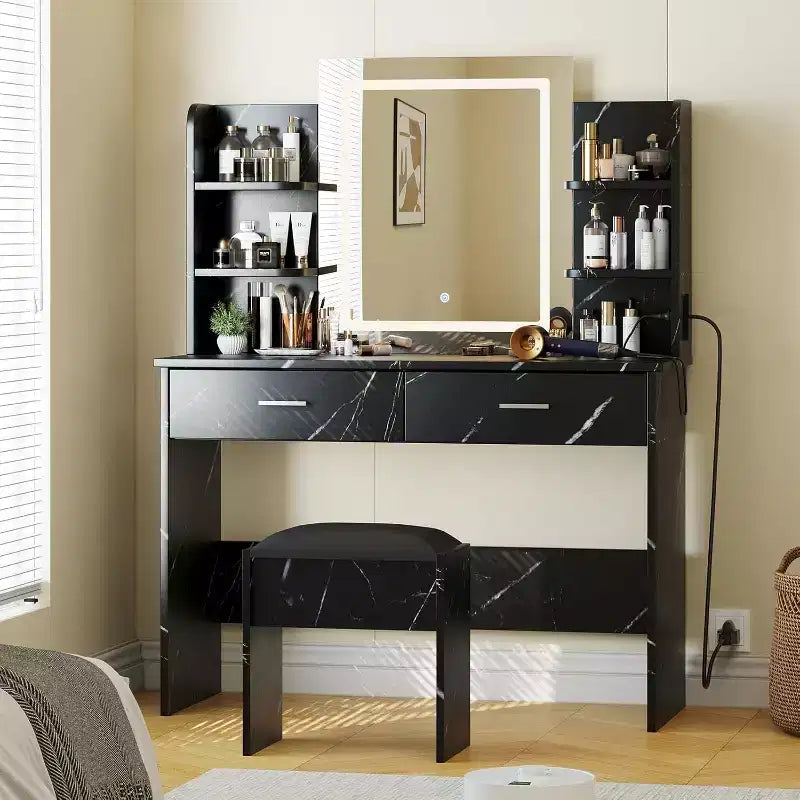 Coiffeuse, coiffeuse avec miroir lumineux, table de maquillage à 3 modes de couleur avec tabouret rembourré