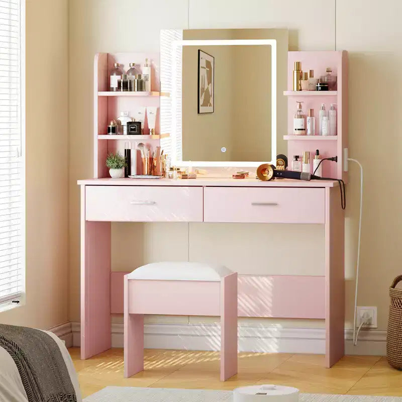 Coiffeuse, coiffeuse avec miroir lumineux, table de maquillage à 3 modes de couleur avec tabouret rembourré