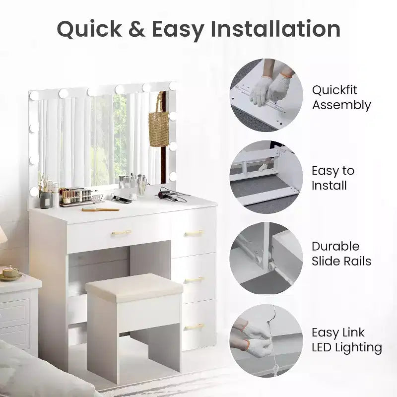 Coiffeuse WAYES avec miroir éclairé, station de charge, tabouret de rangement, grande coiffeuse de 91 cm, blanc moderne