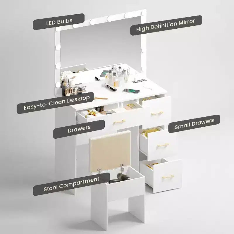Coiffeuse WAYES avec miroir éclairé, station de charge, tabouret de rangement, grande coiffeuse de 91 cm, blanc moderne