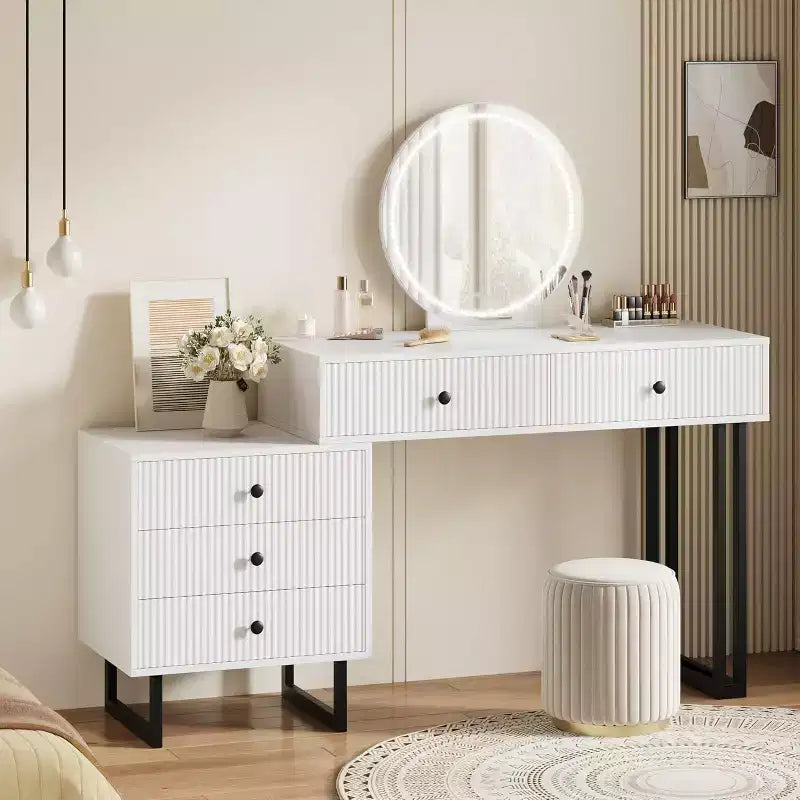 Coiffeuse avec miroir, Coiffeuse de maquillage avec 5 tiroirs, 3 lumières de couleur luminosité réglable