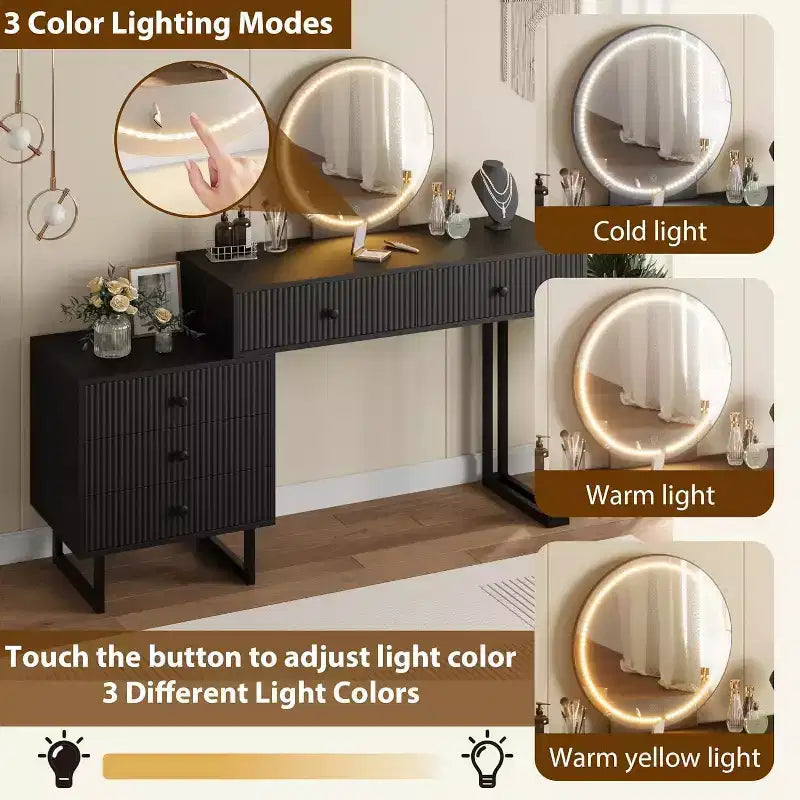 Coiffeuse avec miroir, Coiffeuse de maquillage avec 5 tiroirs, 3 lumières de couleur luminosité réglable