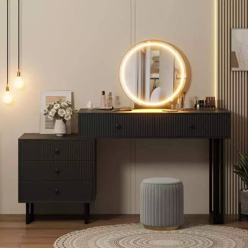 Coiffeuse avec miroir, Coiffeuse de maquillage avec 5 tiroirs, 3 lumières de couleur luminosité réglable