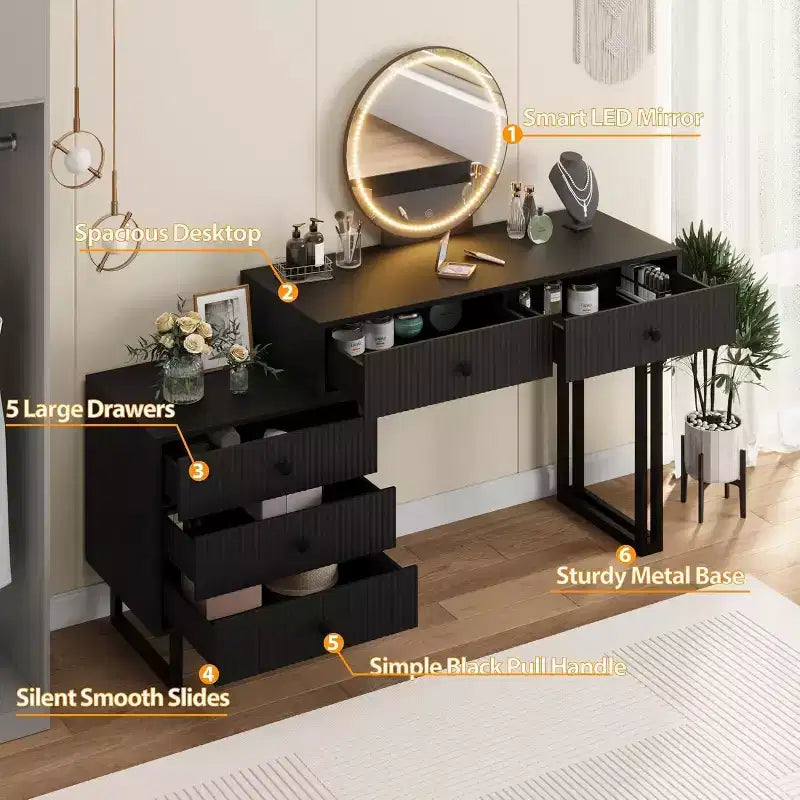 Coiffeuse avec miroir, Coiffeuse de maquillage avec 5 tiroirs, 3 lumières de couleur luminosité réglable
