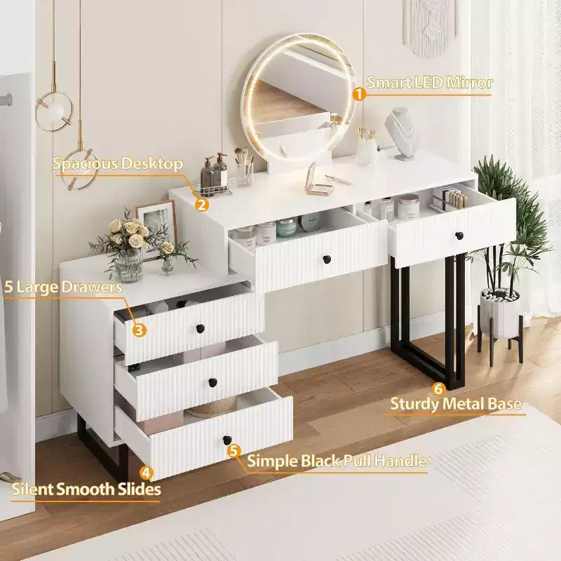 Coiffeuse avec miroir, Coiffeuse de maquillage avec 5 tiroirs, 3 lumières de couleur luminosité réglable