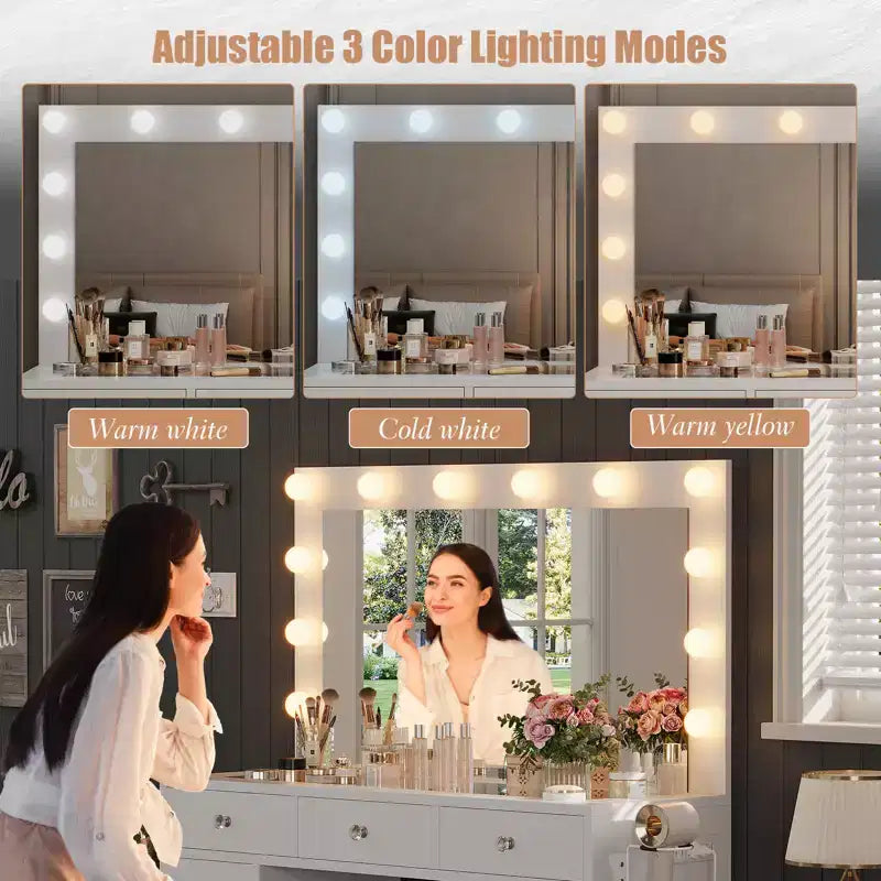 Coiffeuse avec miroir et lumières LED, coiffeuse blanche avec 11 tiroirs et une multiprise, 3 modes de couleur et luminosité réglable