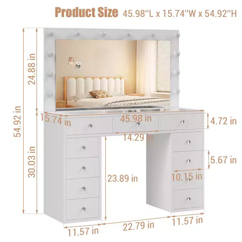 Coiffeuse avec miroir et lumières LED, coiffeuse blanche avec 11 tiroirs et une multiprise, 3 modes de couleur et luminosité réglable