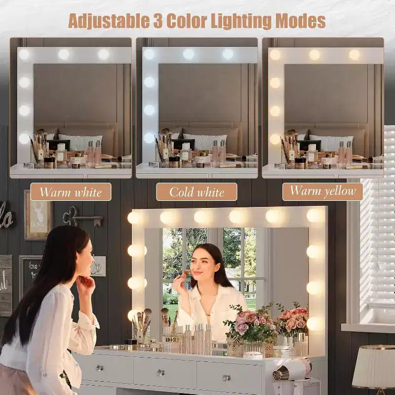 CuisinSmart Coiffeuse avec miroir, lumières LED et prise de courant, table de maquillage avec 7 tiroirs pour chambre à coucher, dressing, salon