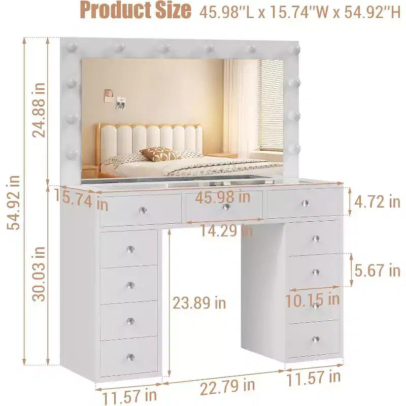 CuisinSmart Coiffeuse avec miroir, lumières LED et prise de courant, table de maquillage avec 7 tiroirs pour chambre à coucher, dressing, salon
