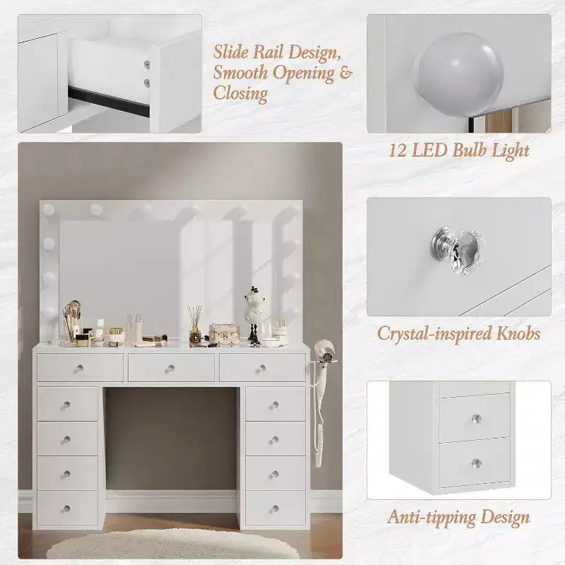 CuisinSmart Coiffeuse avec miroir, lumières LED et prise de courant, table de maquillage avec 7 tiroirs pour chambre à coucher, dressing, salon