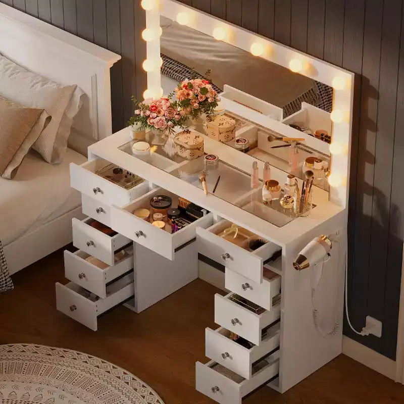 CuisinSmart Coiffeuse avec miroir, lumières LED et prise de courant, table de maquillage avec 7 tiroirs pour chambre à coucher, dressing, salon