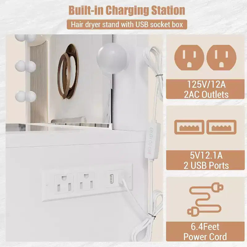 CuisinSmart Coiffeuse avec miroir, lumières LED et prise de courant, table de maquillage avec 7 tiroirs pour chambre à coucher, dressing, salon
