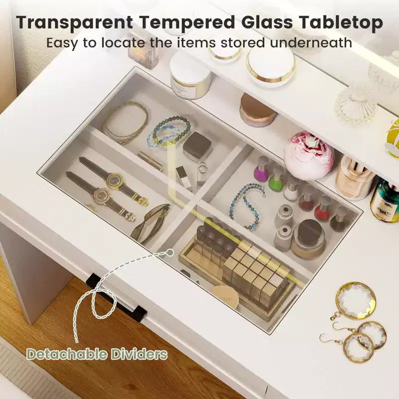Ensemble de table de maquillage Costway 35,5, coiffeuse avec miroir et lumières, 2 étagères ouvertes, plateau en verre
