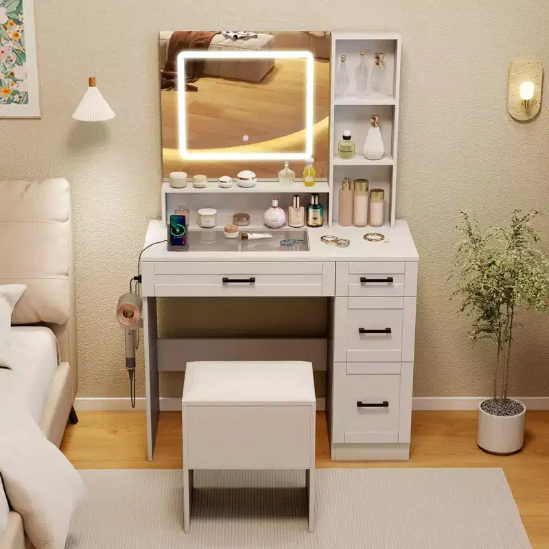 Ensemble de table de maquillage Costway 35,5, coiffeuse avec miroir et lumières, 2 étagères ouvertes, plateau en verre