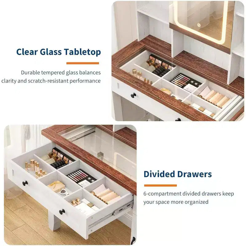 Coiffeuse avec miroir HD, lumières LED et station de recharge, table de maquillage style ferme avec 2 tiroirs et tabouret rembourré, étagères pour la maison