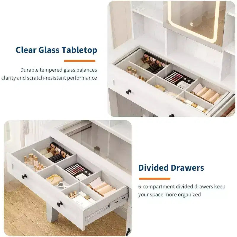 Coiffeuse avec miroir HD, lumières LED et station de recharge, table de maquillage style ferme avec 2 tiroirs et tabouret rembourré, étagères pour la maison