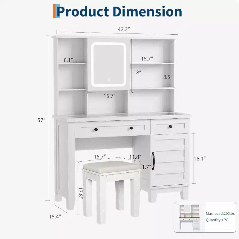 Coiffeuse avec miroir HD, lumières LED et station de recharge, table de maquillage style ferme avec 2 tiroirs et tabouret rembourré, étagères pour la maison