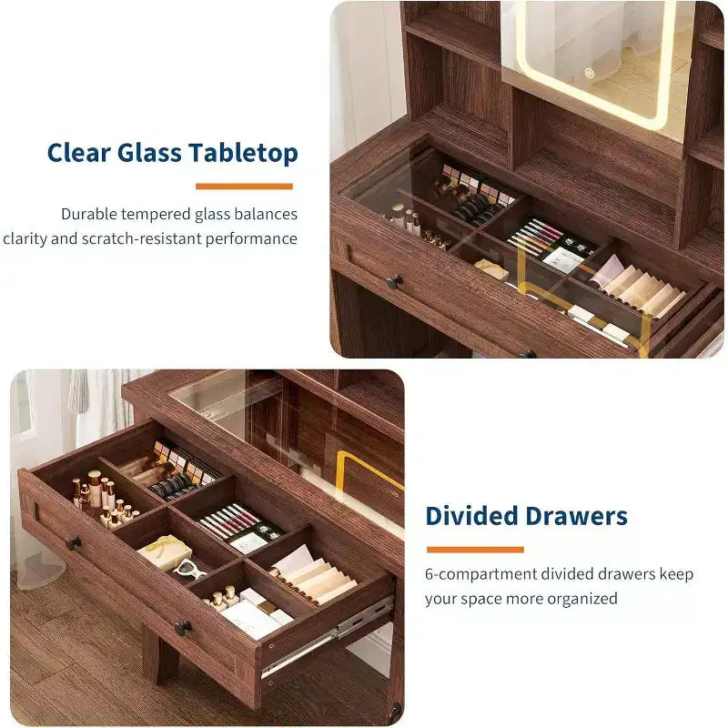 Coiffeuse avec miroir HD, lumières LED et station de recharge, table de maquillage style ferme avec 2 tiroirs et tabouret rembourré, étagères pour la maison