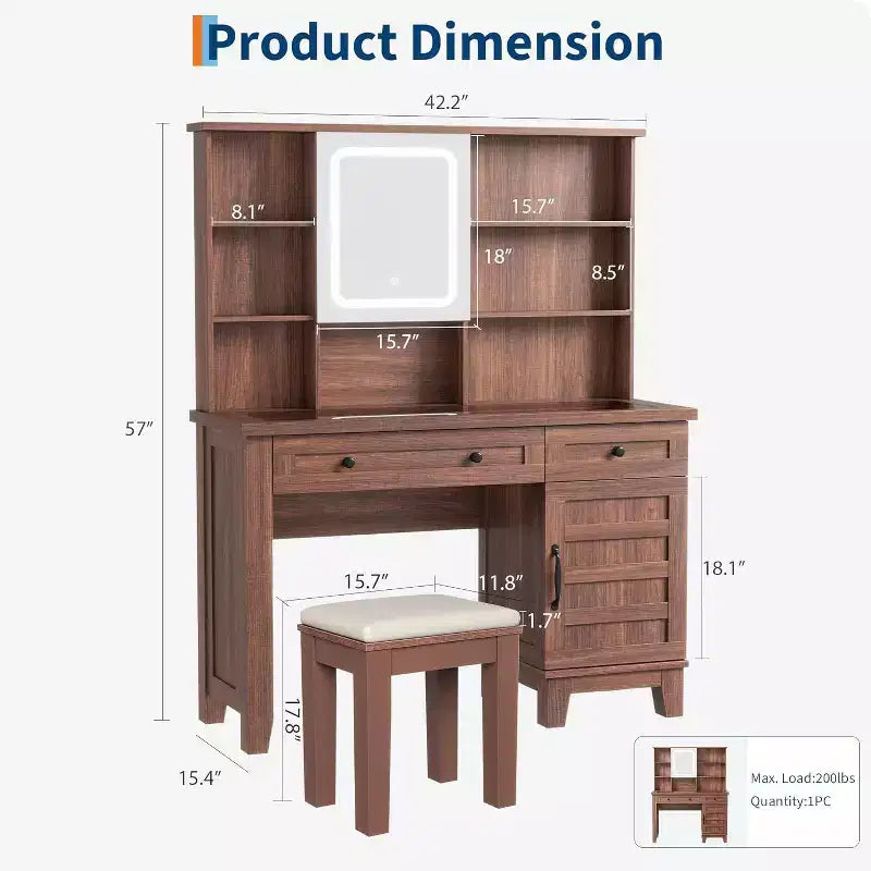 Coiffeuse avec miroir HD, lumières LED et station de recharge, table de maquillage style ferme avec 2 tiroirs et tabouret rembourré, étagères pour la maison