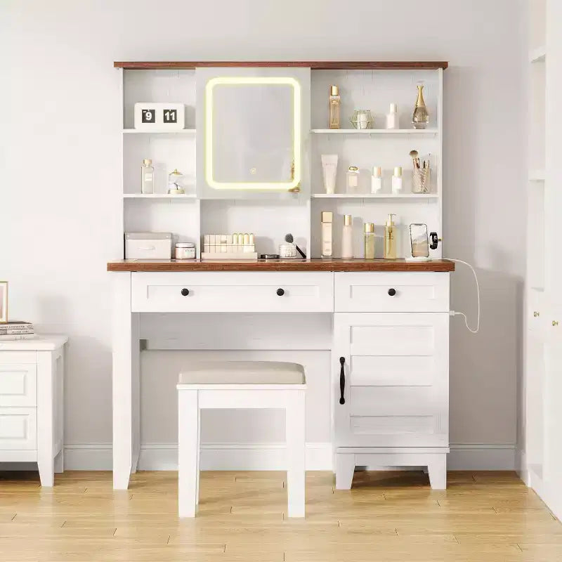 Coiffeuse avec miroir HD, lumières LED et station de recharge, table de maquillage style ferme avec 2 tiroirs et tabouret rembourré, étagères pour la maison