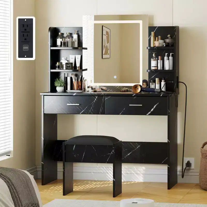 Coiffeuse CuisinSmart, 3 modes d'éclairage, avec tabouret rembourré, 2 tiroirs, étagères ouvertes, coiffeuse moderne pour chambre à coucher