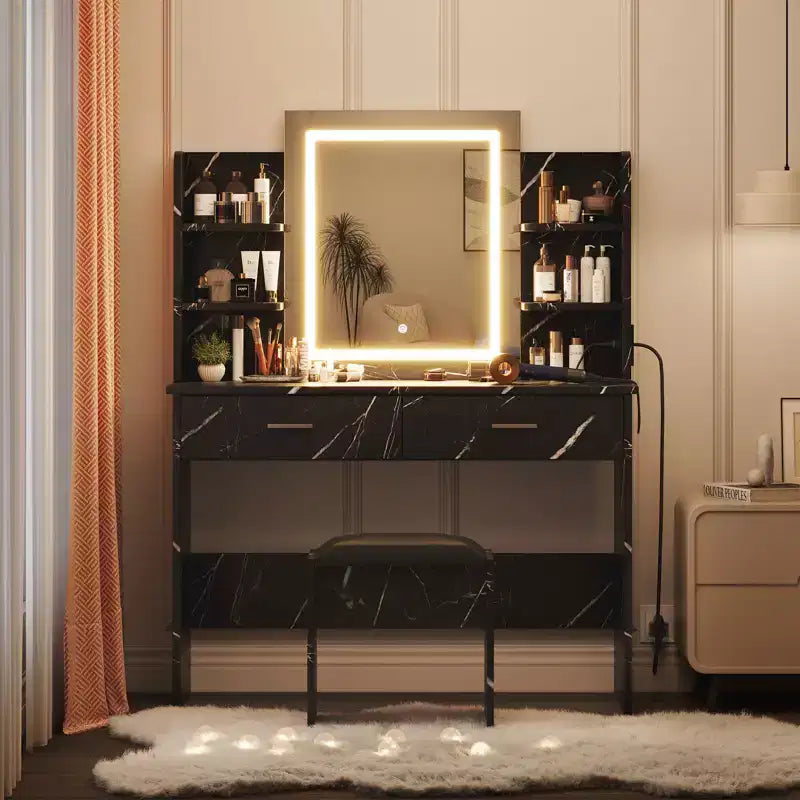 Coiffeuse CuisinSmart, 3 modes d'éclairage, avec tabouret rembourré, 2 tiroirs, étagères ouvertes, coiffeuse moderne pour chambre à coucher