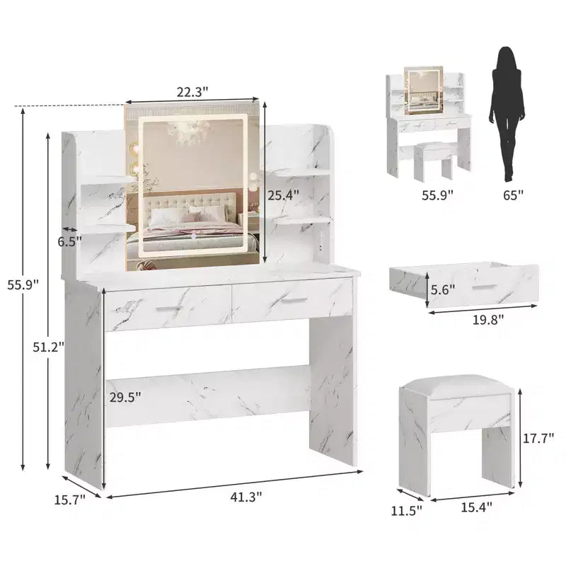 Coiffeuse CuisinSmart, 3 modes d'éclairage, avec tabouret rembourré, 2 tiroirs, étagères ouvertes, coiffeuse moderne pour chambre à coucher